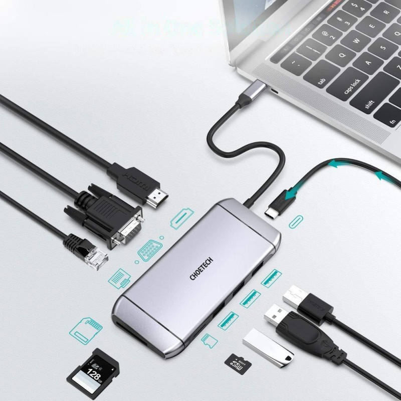 Daugiafunkcis USB HUB SD ir TF kortelių skaitytuvas HDMI 4K VGA Full HD RJ45 9in1 pilka