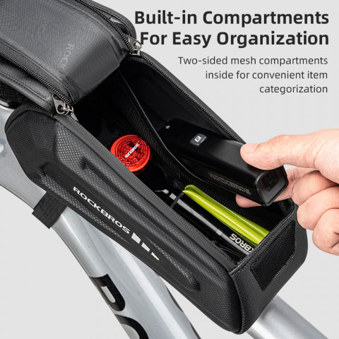 
Dviračio rėmo krepšys su telefono dėklu, atsparus vandeniui, juodas
