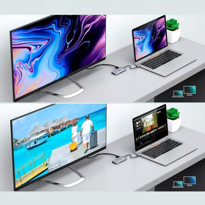 Daugiafunkcis USB HUB SD ir TF kortelių skaitytuvas HDMI 4K VGA Full HD RJ45 9in1 pilka