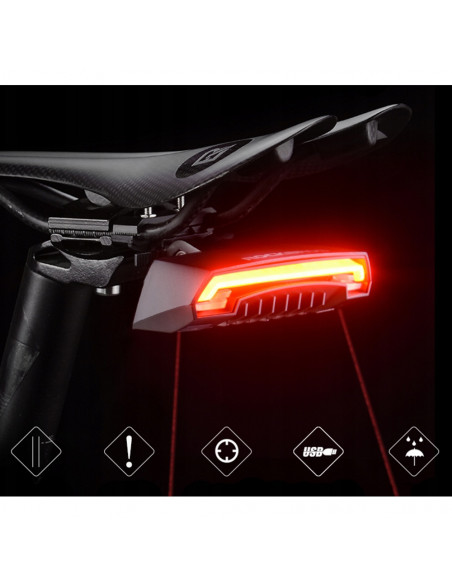 
Galinis dviračio žibintas su lazeriniu nuotolinio valdymo pultu ir USB-A posūkio signalo funkcija
