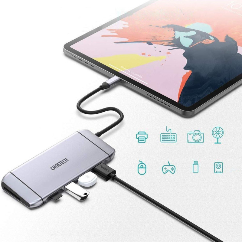 Daugiafunkcis USB HUB SD ir TF kortelių skaitytuvas HDMI 4K VGA Full HD RJ45 9in1 pilka