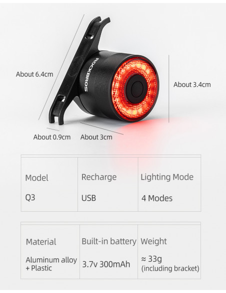 
Raudonas galinis dviračio žibintas, STOP sistema, keturi veikimo režimai
