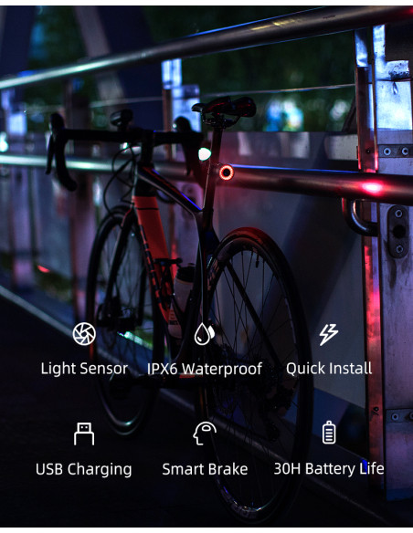 
Raudonas galinis dviračio žibintas, STOP sistema, keturi veikimo režimai
