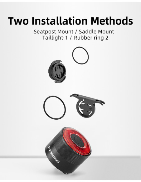 
Raudonas galinis dviračio žibintas, STOP sistema, keturi veikimo režimai
