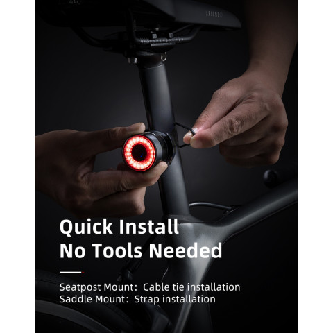 
Raudonas galinis dviračio žibintas, STOP sistema, keturi veikimo režimai
