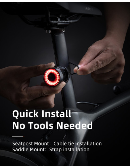 
Raudonas galinis dviračio žibintas, STOP sistema, keturi veikimo režimai
