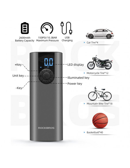 
Elektrinio dviračio rutulinis siurblys 10 barų su LED ekranu + USB-C laidu, juodas
