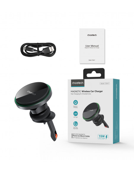 
Automobilinis laikiklis su 15 W belaidžiu įkrovimu, skirtas oro išleidimo angai - juodas
