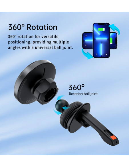 
Automobilinis laikiklis su 15 W belaidžiu įkrovimu, skirtas oro išleidimo angai - juodas
