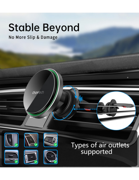 
Automobilinis laikiklis su 15 W belaidžiu įkrovimu, skirtas oro išleidimo angai - juodas
