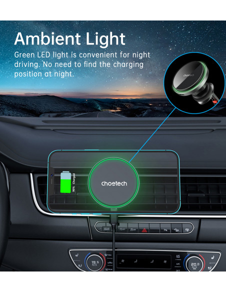 
Automobilinis laikiklis su 15 W belaidžiu įkrovimu, skirtas oro išleidimo angai - juodas
