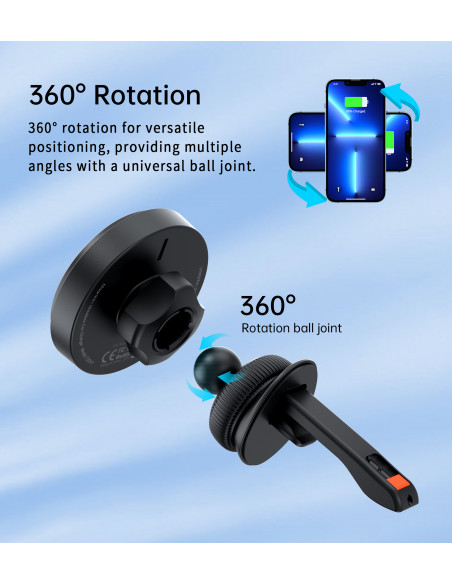 
Magnetinis laikiklis su 15 W indukciniu įkrovikliu oro išleidimo angai - juodas
