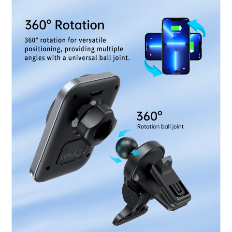 
Automobilinis laikiklis su 15 W indukciniu įkrovikliu, skirtas oro išleidimo angai – juodas
