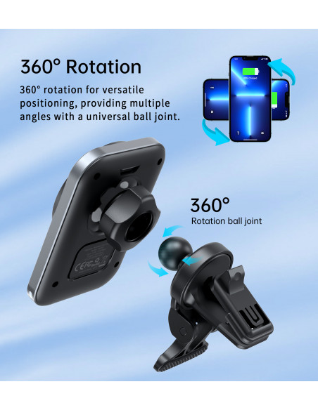 
Automobilinis laikiklis su 15 W indukciniu įkrovikliu, skirtas oro išleidimo angai – juodas
