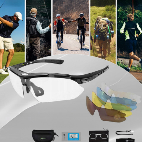 
Poliarizuoti dviračių akiniai su keičiamais spalvotais lęšiais
