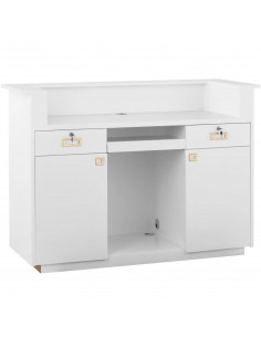 
Viešbučio poilsio kambario registratūra su apšvietimu, rakinama – balta ir auksinė
