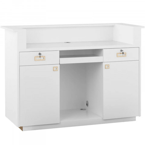 
Viešbučio poilsio kambario registratūra su apšvietimu, rakinama – balta ir auksinė
