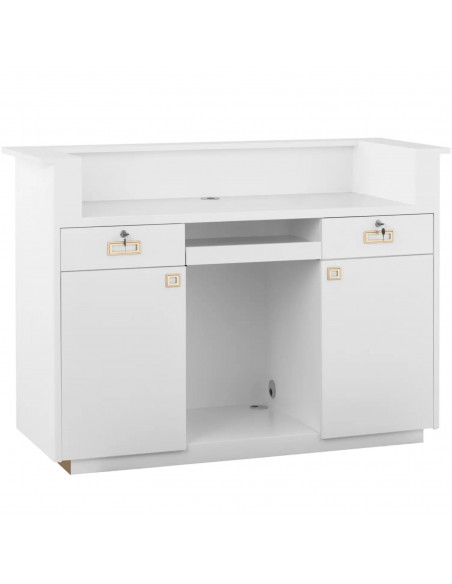 
Viešbučio poilsio kambario registratūra su apšvietimu, rakinama – balta ir auksinė
