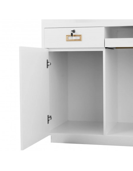 
Viešbučio poilsio kambario registratūra su apšvietimu, rakinama – balta ir auksinė
