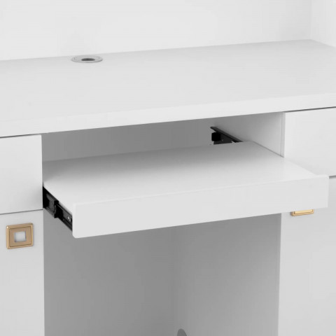 
Viešbučio poilsio kambario registratūra su apšvietimu, rakinama – balta ir auksinė
