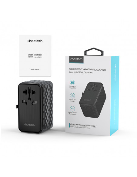 
ES / JAV / Australijos / JK kelioninio įkroviklio adapteris 2x USB-C 2x USB-A 100W - juodas
