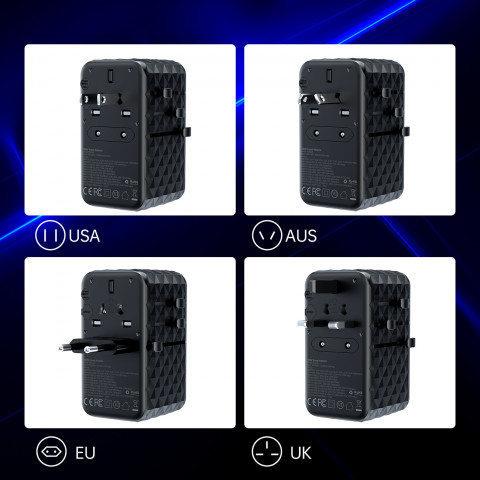 
ES / JAV / Australijos / JK kelioninio įkroviklio adapteris 2x USB-C 2x USB-A 100W - juodas
