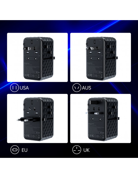
ES / JAV / Australijos / JK kelioninio įkroviklio adapteris 2x USB-C 2x USB-A 100W - juodas
