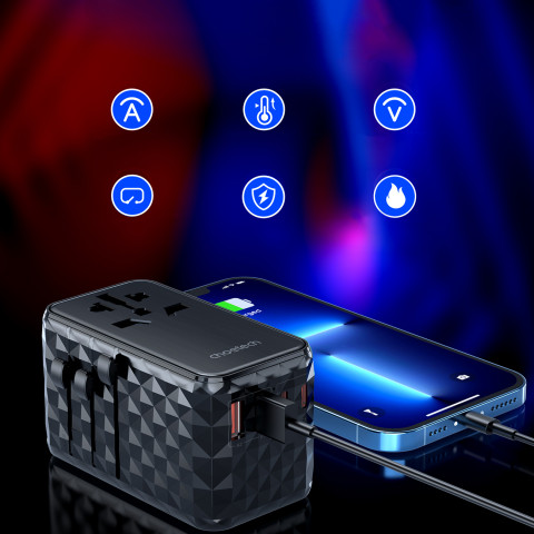 
ES / JAV / Australijos / JK kelioninio įkroviklio adapteris 2x USB-C 2x USB-A 100W - juodas
