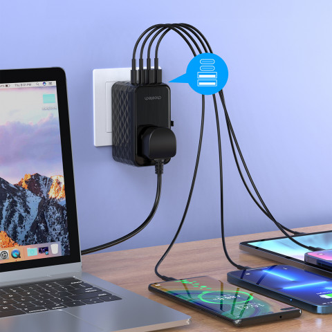 
ES / JAV / Australijos / JK kelioninio įkroviklio adapteris 2x USB-C 2x USB-A 100W - juodas

