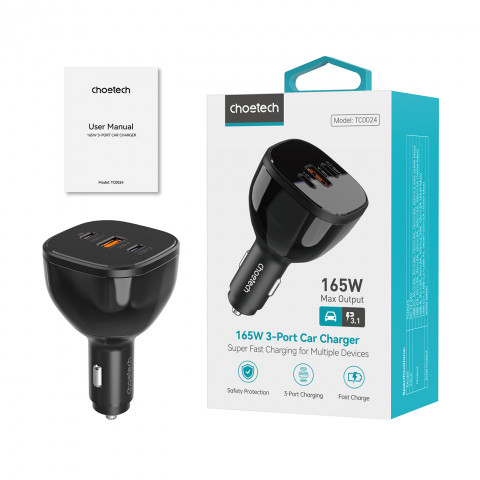 
Automobilinis įkroviklis 160W 2x USB-C PD 3.1 1x USB-A - juodas
