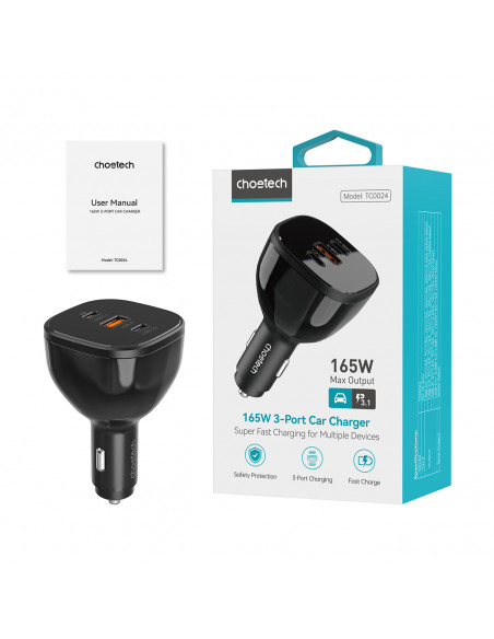 
Automobilinis įkroviklis 160W 2x USB-C PD 3.1 1x USB-A - juodas
