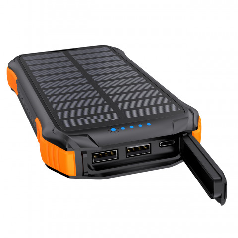 
Saulės energija varomas nešiojamasis įkroviklis 10000 mAh, 2x USB-A – juodas ir oranžinis
