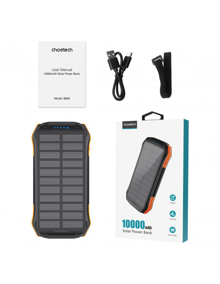 
Saulės energija varomas nešiojamasis įkroviklis 10000 mAh, 2x USB-A – juodas ir oranžinis
