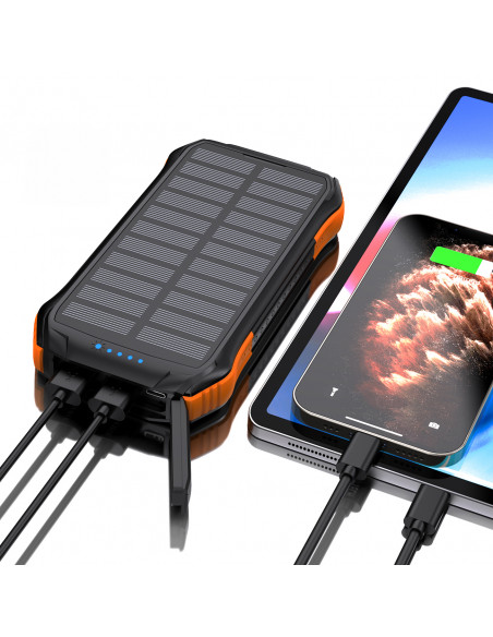 
Saulės energija varomas nešiojamasis įkroviklis 10000 mAh, 2x USB-A – juodas ir oranžinis
