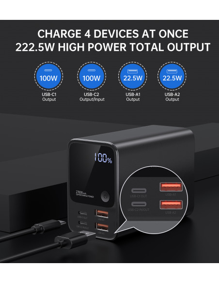 
Nešiojamoji baterija 27000 mAh, 2x USB-A, 2x USB-C, 100 W, juoda
