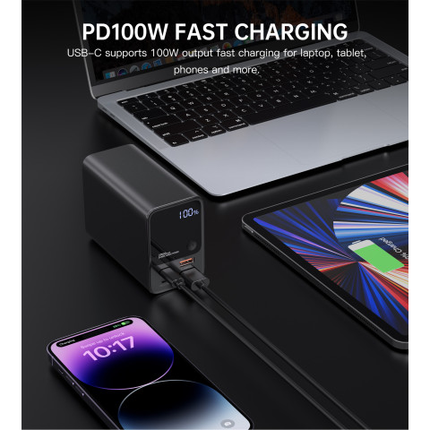 
Nešiojamoji baterija 27000 mAh, 2x USB-A, 2x USB-C, 100 W, juoda
