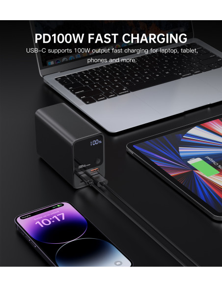 
Nešiojamoji baterija 27000 mAh, 2x USB-A, 2x USB-C, 100 W, juoda
