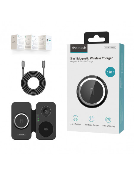 
3in1 indukcinis įkroviklis Apple ir Samsung telefonams + stovo funkcija - juodas
