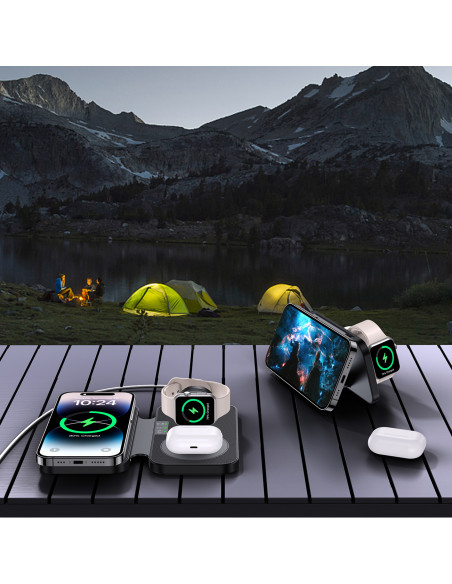 
3in1 indukcinis įkroviklis Apple ir Samsung telefonams + stovo funkcija - juodas
