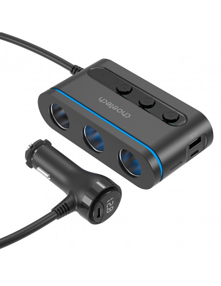 
Automobilinis įkroviklis + 3 cigarečių degiklio lizdai, 2 USB-C PD, 1 USB-A QC - juodi
