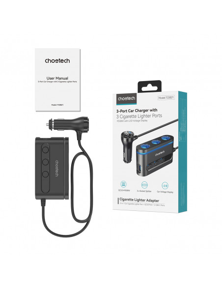 
Automobilinis įkroviklis + 3 cigarečių degiklio lizdai, 2 USB-C PD, 1 USB-A QC - juodi
