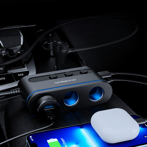 
Automobilinis įkroviklis + 3 cigarečių degiklio lizdai, 2 USB-C PD, 1 USB-A QC - juodi
