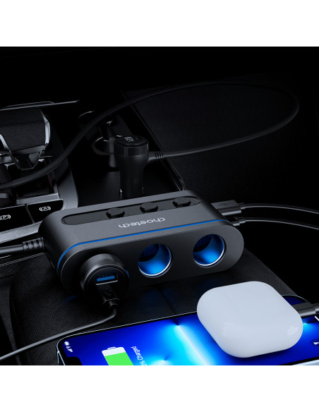 
Automobilinis įkroviklis + 3 cigarečių degiklio lizdai, 2 USB-C PD, 1 USB-A QC - juodi
