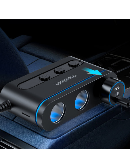 
Automobilinis įkroviklis + 3 cigarečių degiklio lizdai, 2 USB-C PD, 1 USB-A QC - juodi
