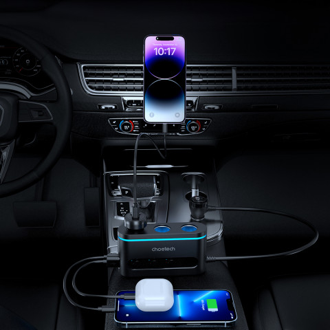 
Automobilinis įkroviklis + 3 cigarečių degiklio lizdai, 2 USB-C PD, 1 USB-A QC - juodi
