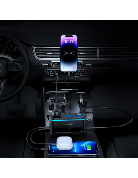 
Automobilinis įkroviklis + 3 cigarečių degiklio lizdai, 2 USB-C PD, 1 USB-A QC - juodi
