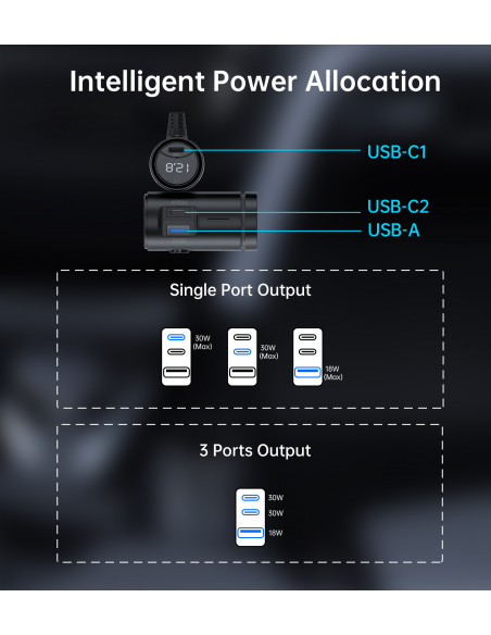 
Automobilinis įkroviklis + 3 cigarečių degiklio lizdai, 2 USB-C PD, 1 USB-A QC - juodi
