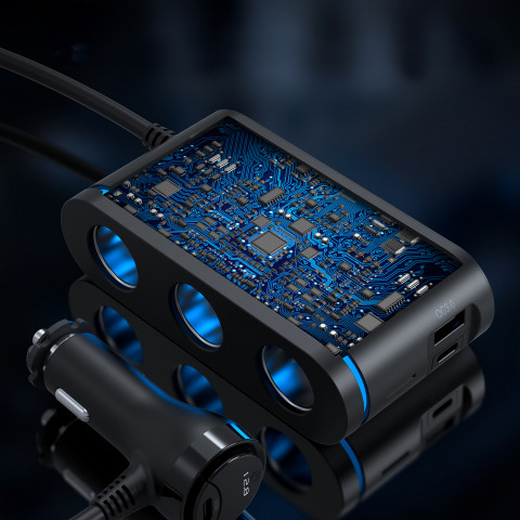 
Automobilinis įkroviklis + 3 cigarečių degiklio lizdai, 2 USB-C PD, 1 USB-A QC - juodi
