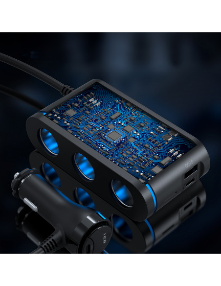 
Automobilinis įkroviklis + 3 cigarečių degiklio lizdai, 2 USB-C PD, 1 USB-A QC - juodi
