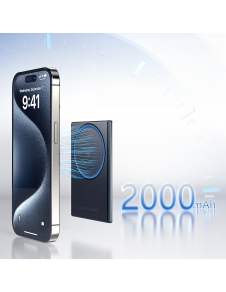 
Indukcinė išorinė baterija 2000mAh itin plona 5W „MagSafe Qi“ – juoda
